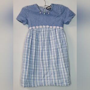 Vintage 90s RMLA Cotton Denim Blue Plaid Flowers High Waisted Dress Size 6/7